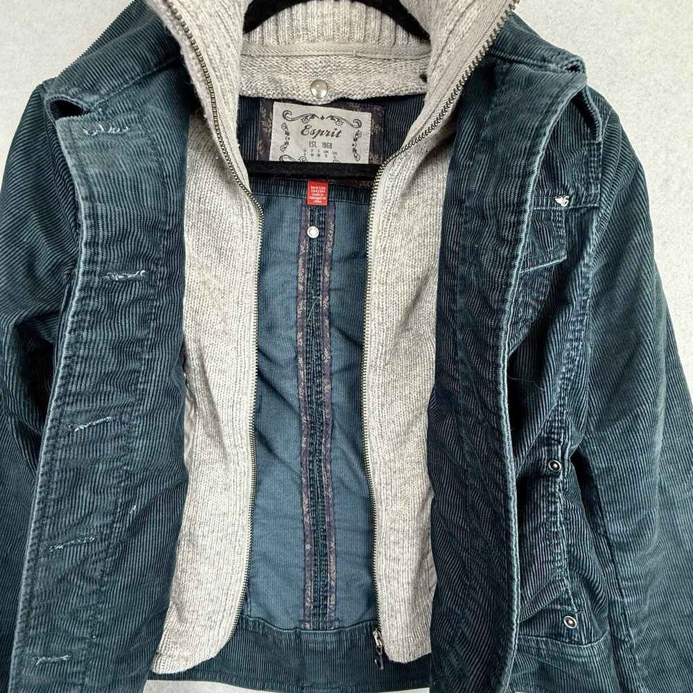 Vtg Esprit Teal Corduroy Trucker Jacket Removable Lambswool Dickey Y2K Size‎ S - Picture 2 of 16